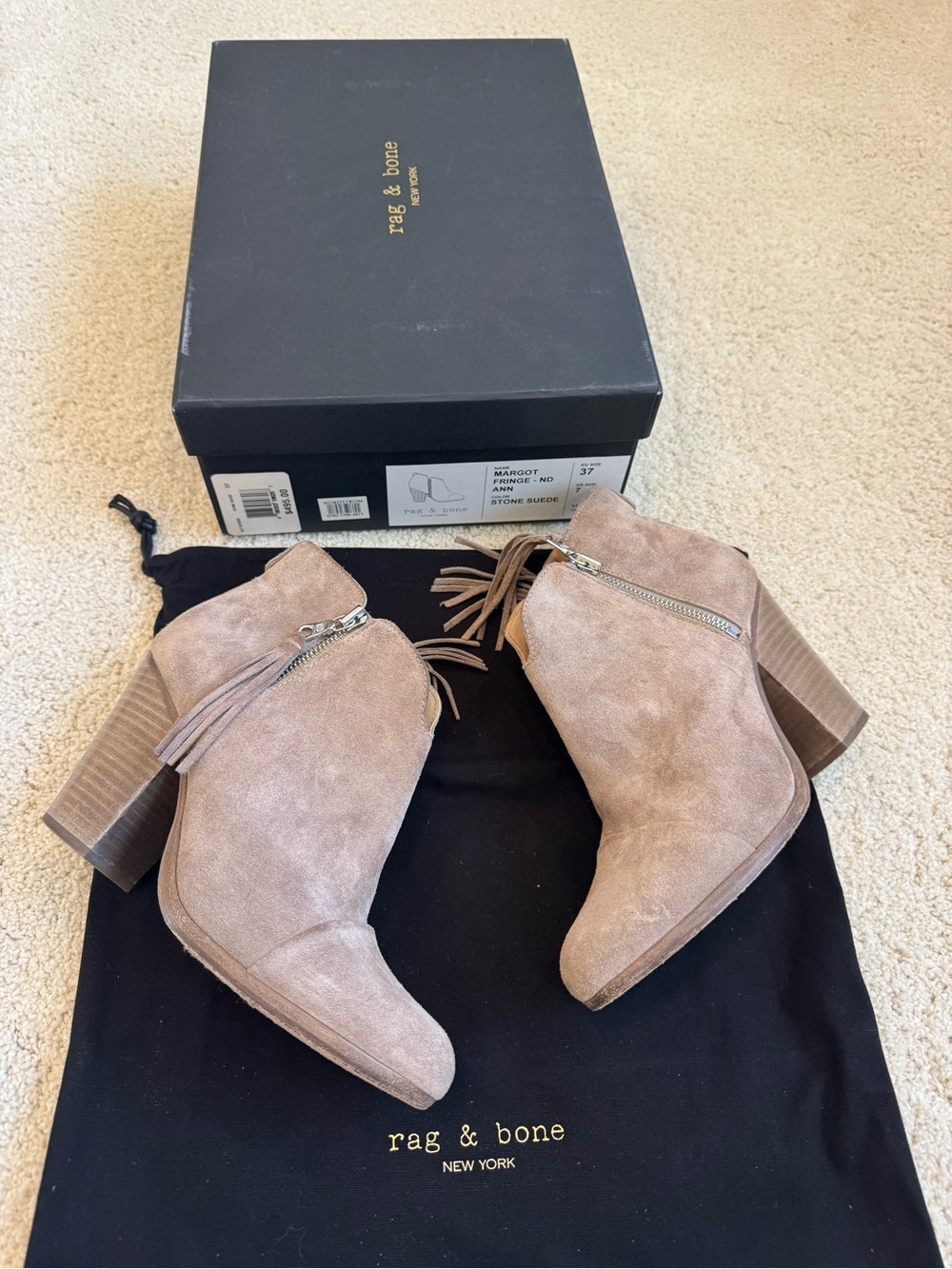 rag & bone Margot Fringe Stone Suede Ankle Booties Heel Sz 37 US 7 Original Box